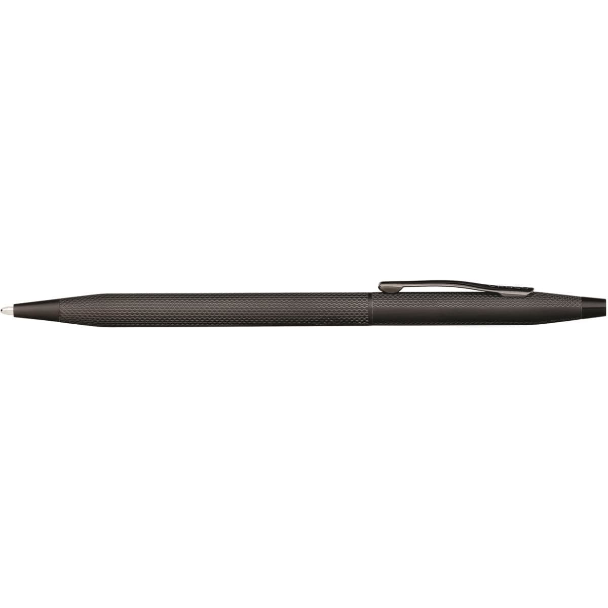 A ballpoint pen in brushed black PVD with a textured grip and silver accents. It features a branding logo.