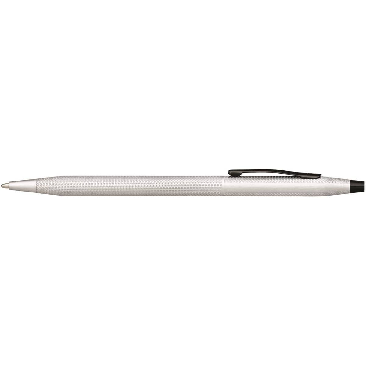 A brushed chrome ballpoint pen with a textured finish and a black clip. It features a sleek, elegant design.