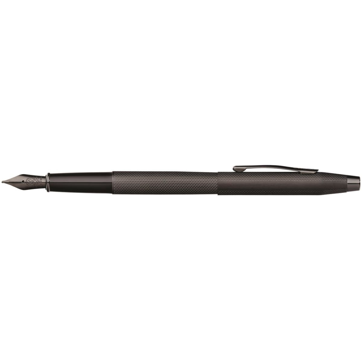 A fountain pen featuring a brushed black PVD finish, complete with a textured grip and a silver clip.