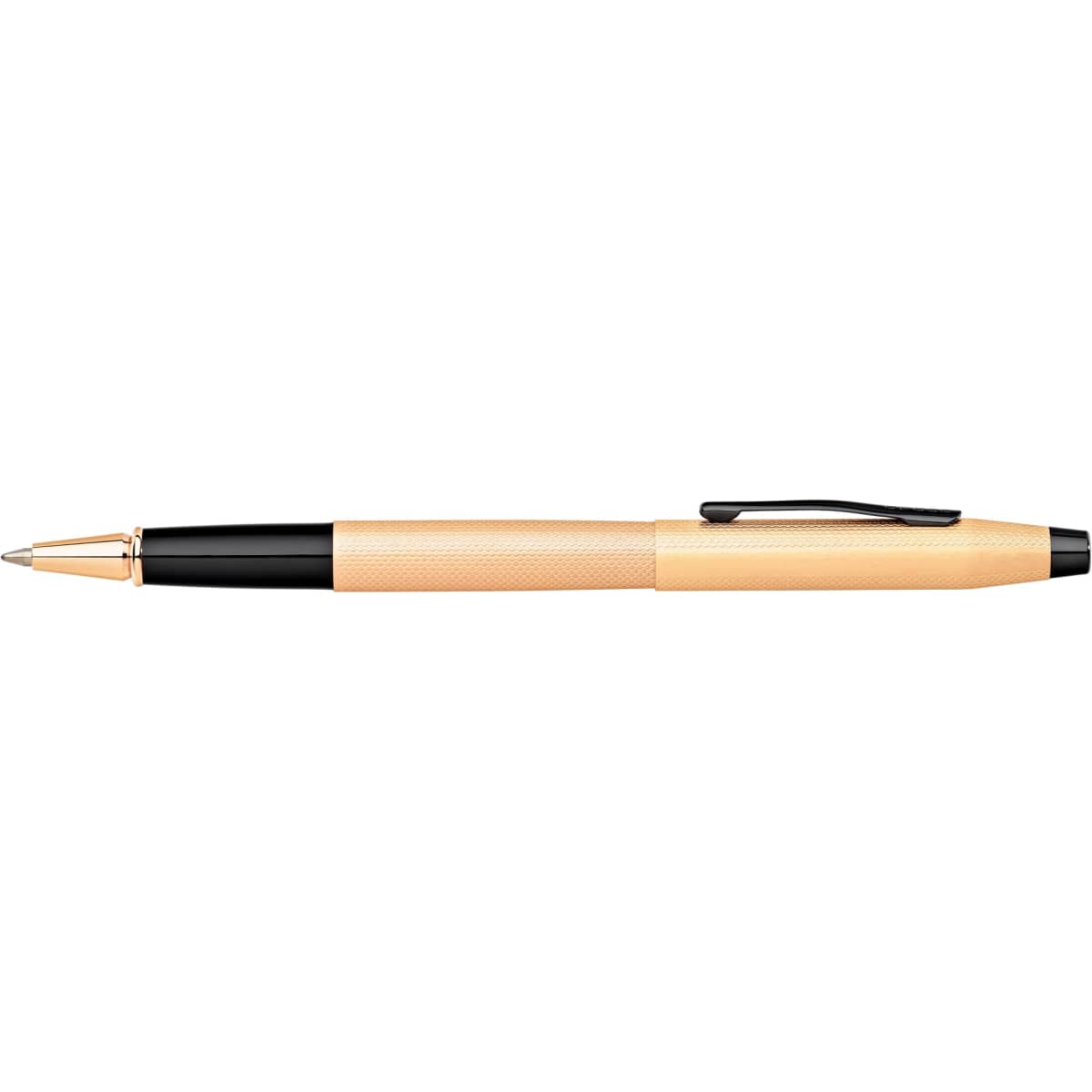 A pen featuring a brushed rose gold PVD finish with a black barrel and a textured grip. It has a branding logo.