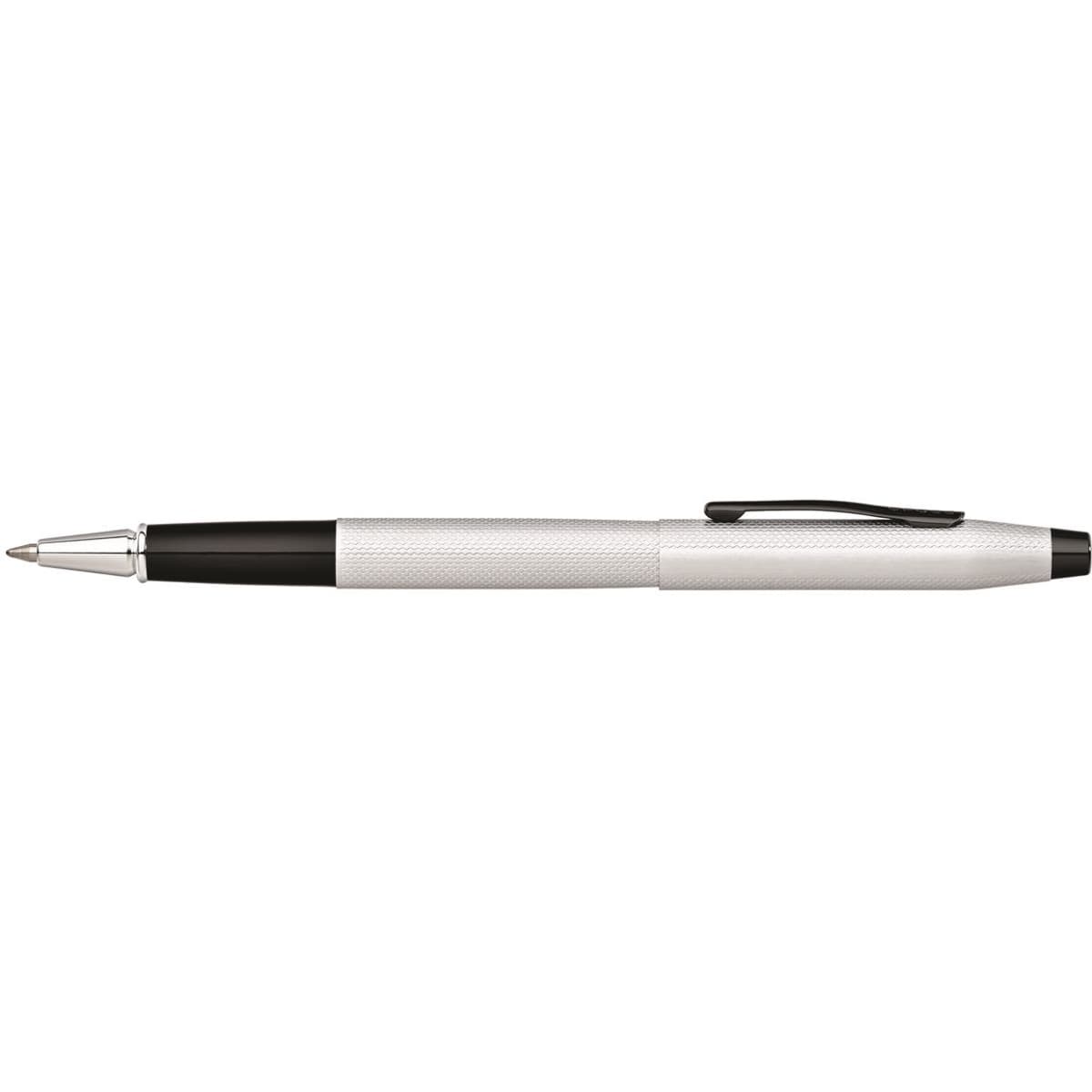 A sleek brushed chrome pen with a black grip and a silver clip, featuring a textured finish.