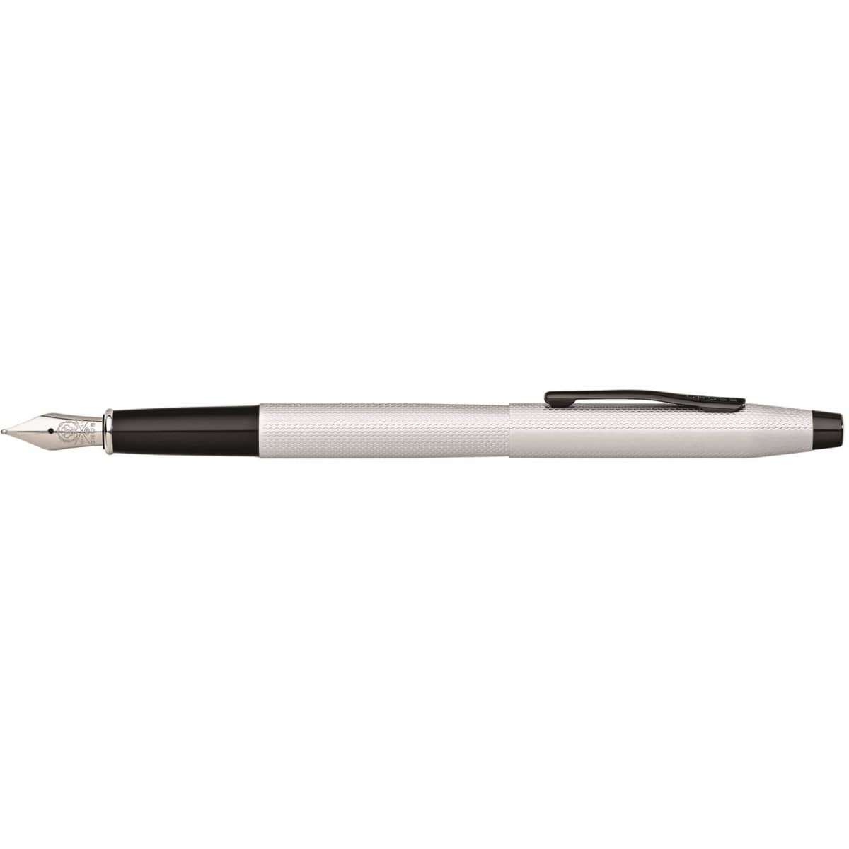 A brushed chrome fountain pen featuring a textured grip and a black clip. It includes a branding logo.