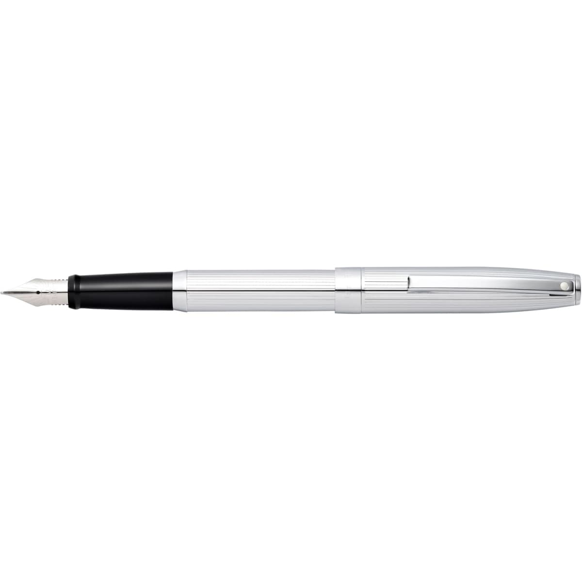 A fountain pen featuring a chrome finish with a textured design and a black grip section. It has a branding element.
