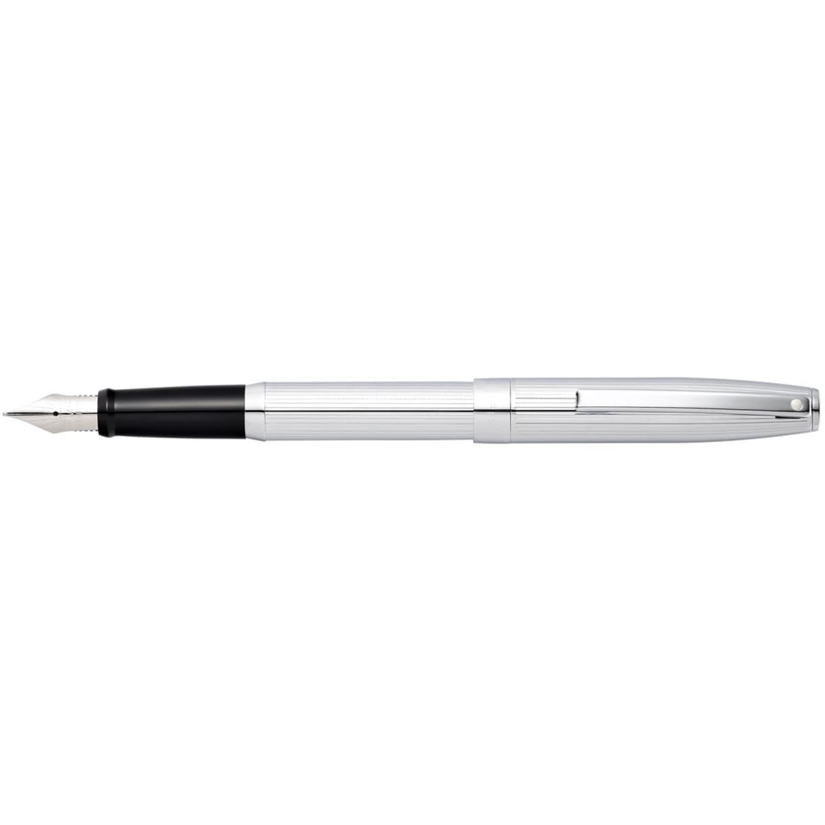 A fountain pen with a chrome-lined body and black accents, featuring a metal clip and a branded logo.
