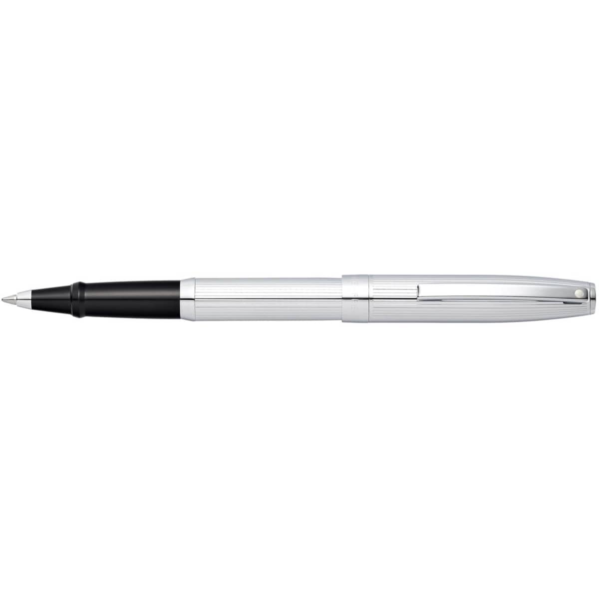 A silver and black pen with a chrome-lined design and a clip. It features a sleek, modern profile.