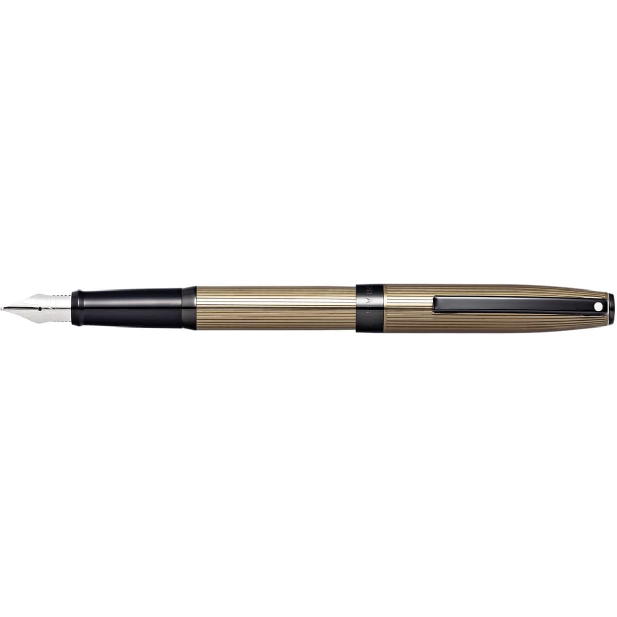 A fountain pen in titanium grey with chrome accents and a stylish ribbed design, featuring a branding logo.