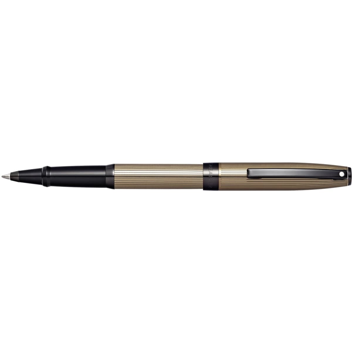 A rollerball pen in titanium grey with chrome accents and a textured body, featuring a clip and branding.