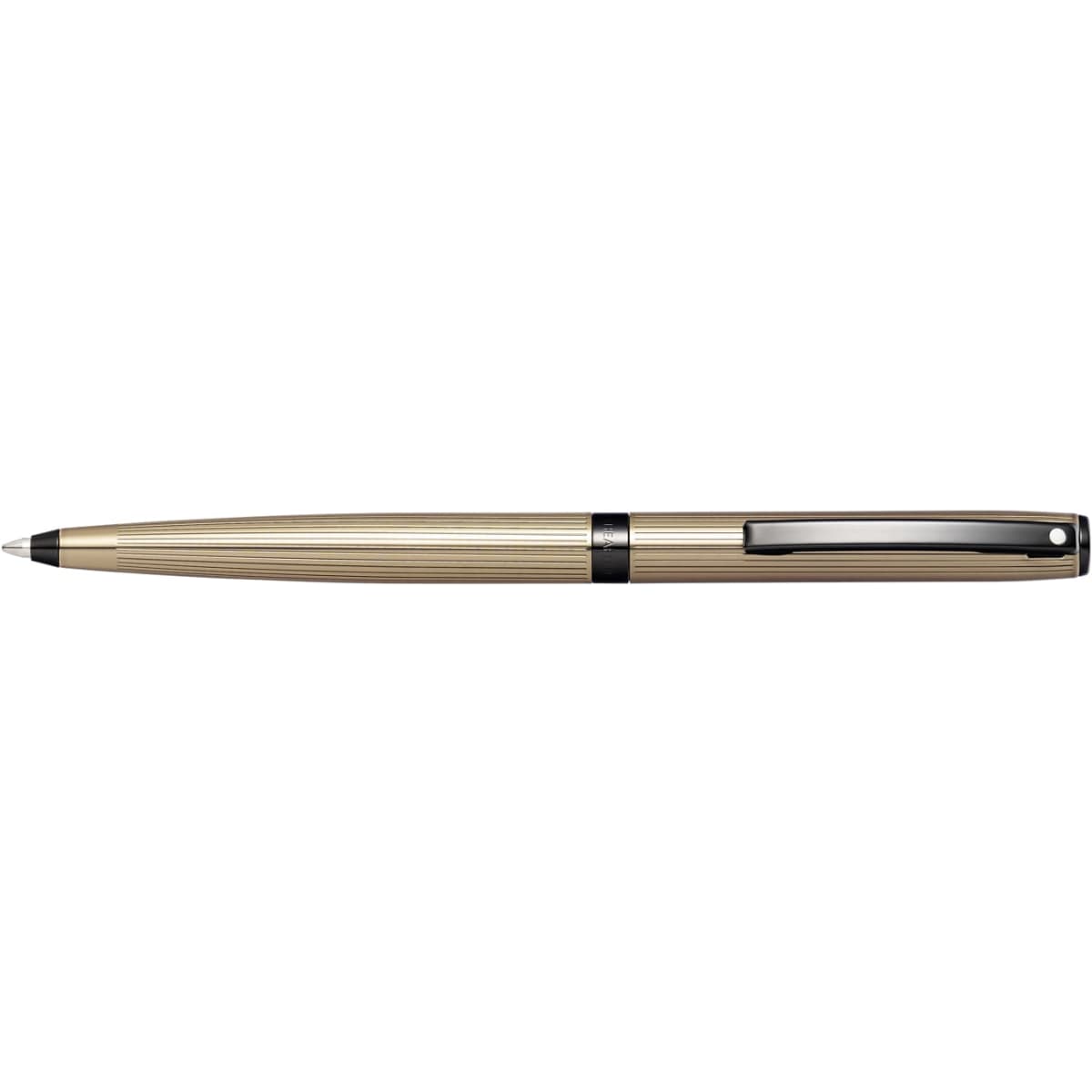 A titanium grey ballpoint pen with lined chrome accents and a sleek design. It features a clasp and a logo.