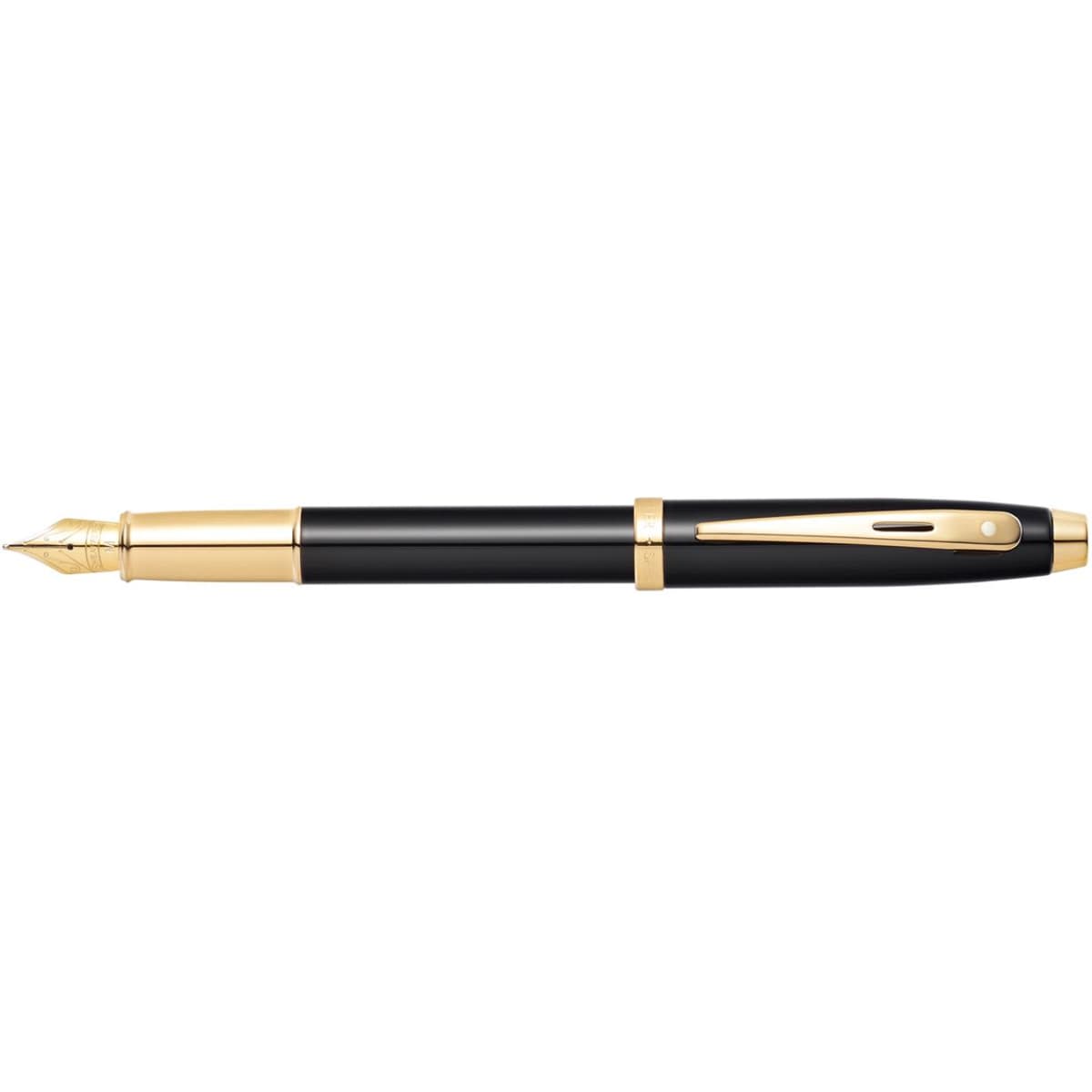 A fountain pen in glossy black with gold accents and a branding logo.