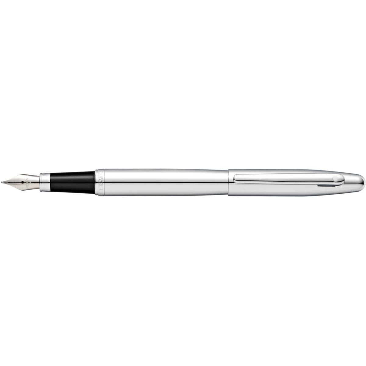 A chrome fountain pen with a sleek design, featuring a black grip and nib. It has a logo on the barrel.