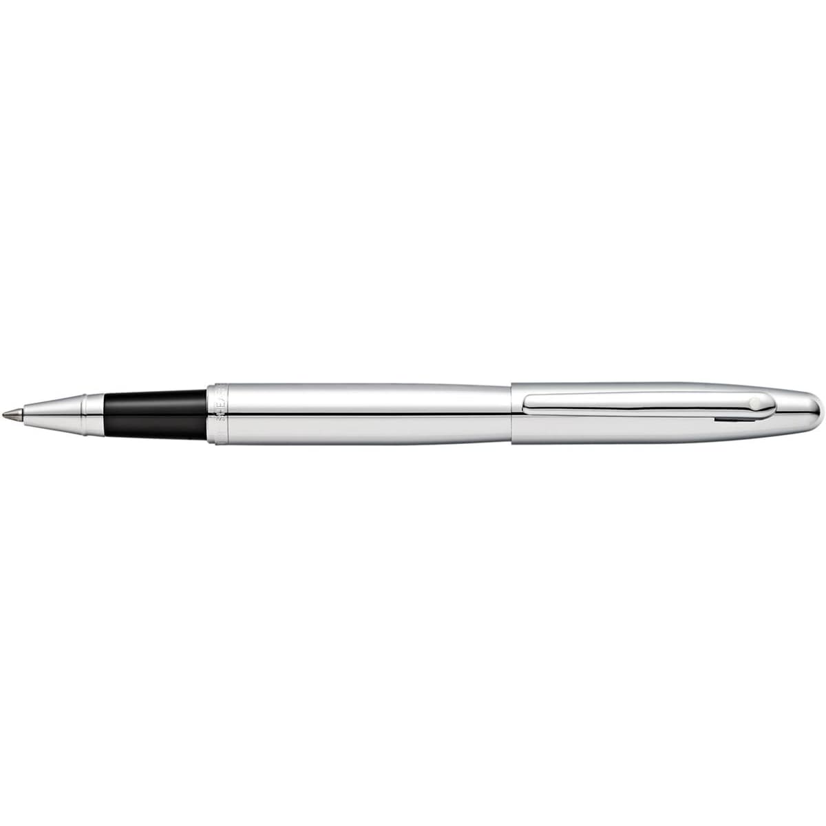 A silver rollerball pen with a black grip, featuring a clip and a sleek design. It has a logo on the surface.