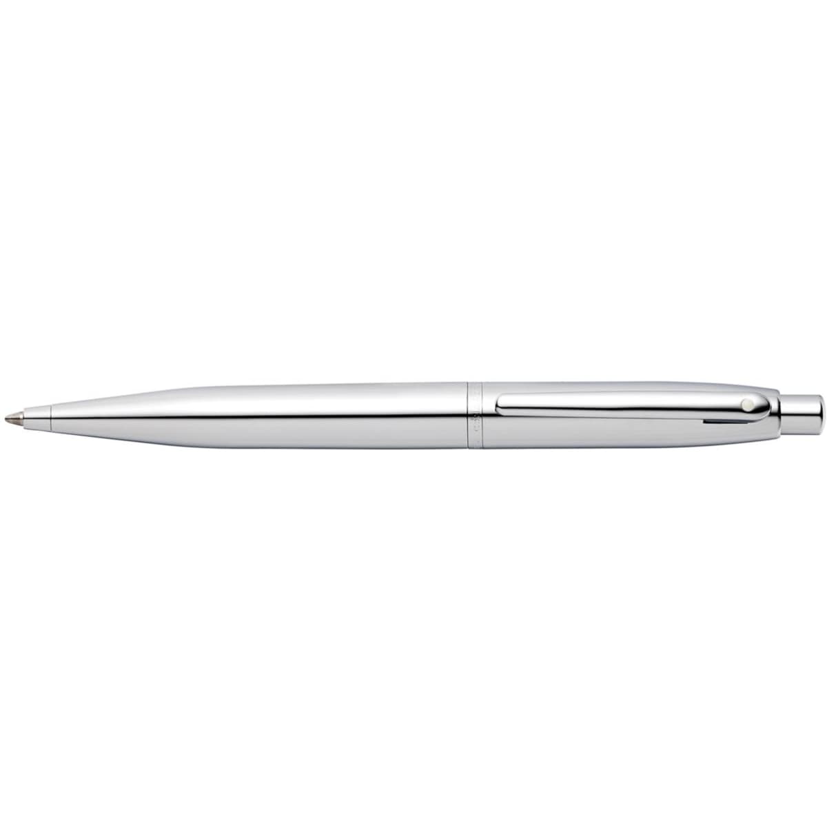 A sleek chrome ballpoint pen with a polished finish and a clip, featuring a brand logo.