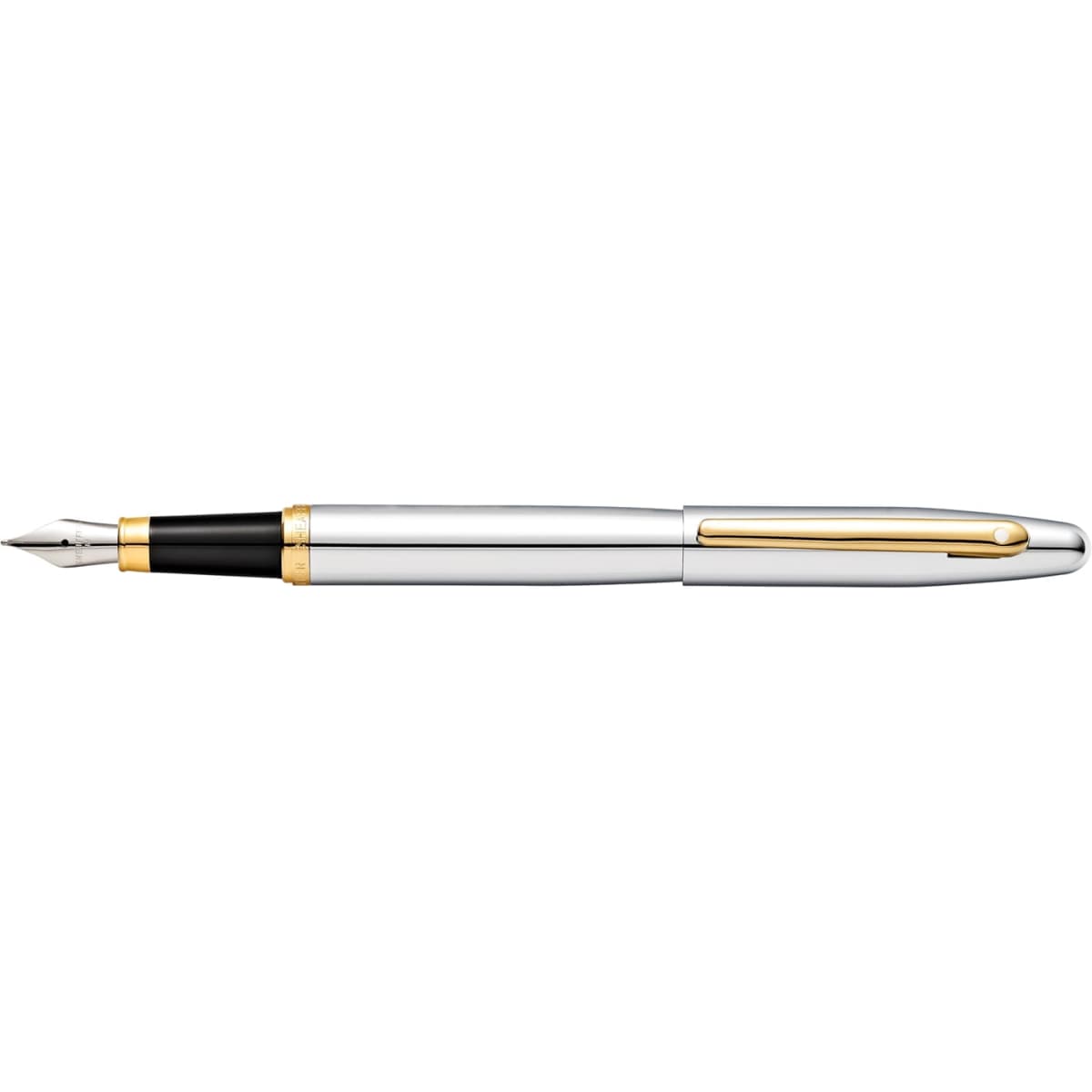 A fountain pen with a chrome body, gold accents, and a black grip. Features a logo on the barrel.