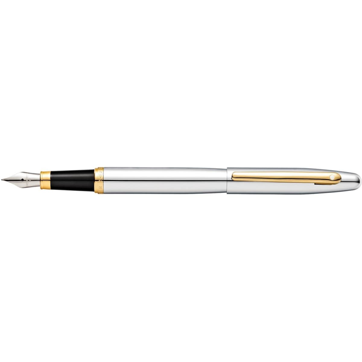 A fountain pen featuring a sleek chrome body with gold accents and a black grip. Includes a branding logo.
