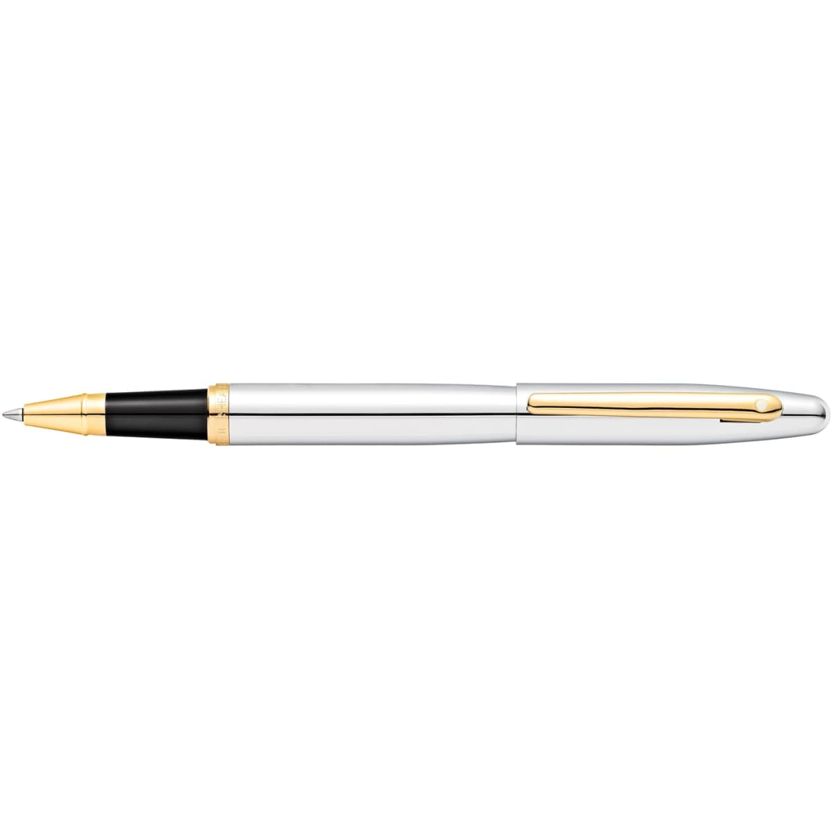 A rollerball pen in chrome and gold, featuring a black grip and clip, with a sleek design and branding.
