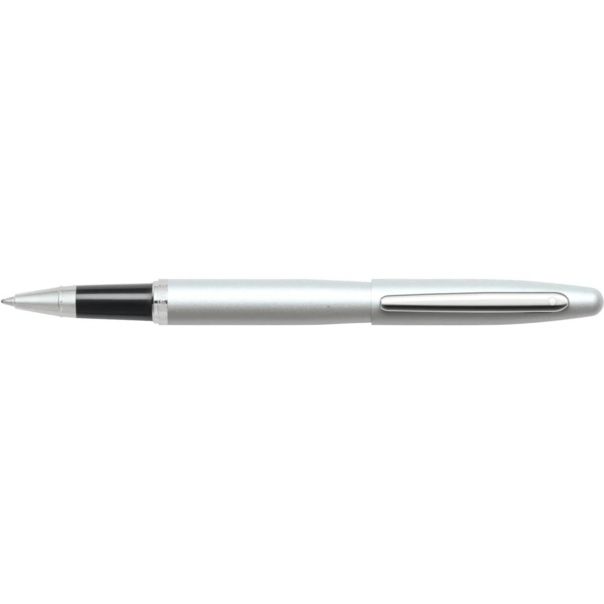 A silver and nickel ballpoint pen with a shiny finish and a black grip. It features a clip and has branding.