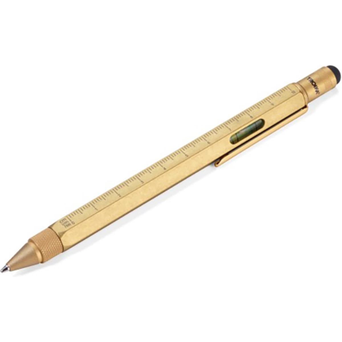 A gold-coloured multi-tool pen with a ruler, level, and stylus tip. It features a clip and has a sleek design.