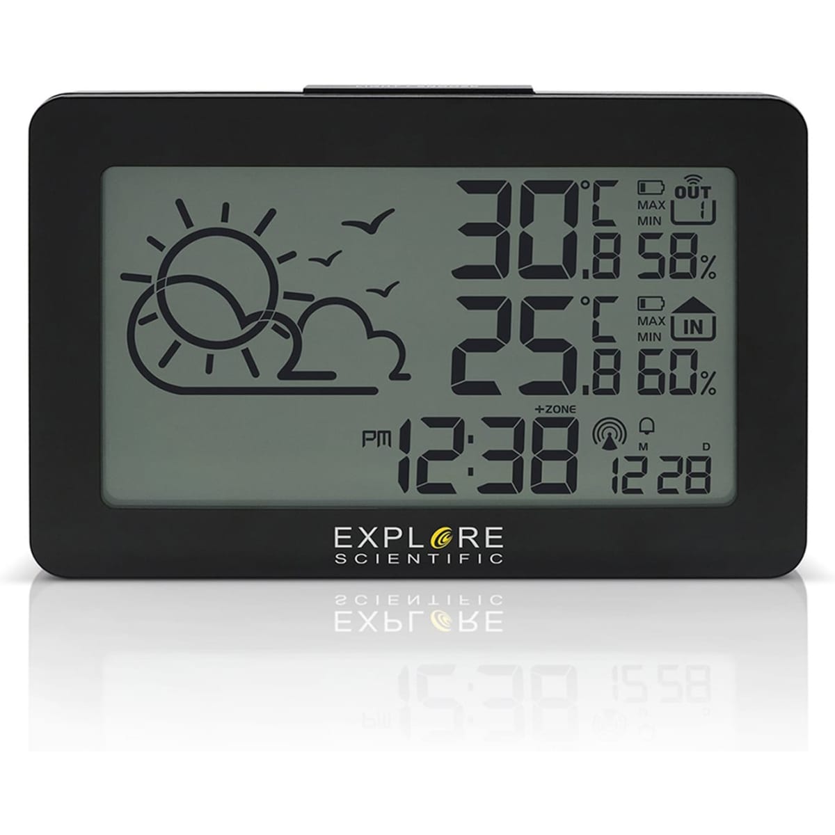 A large black weather station with a digital display showing temperature, humidity, and a weather icon. It has a logo.