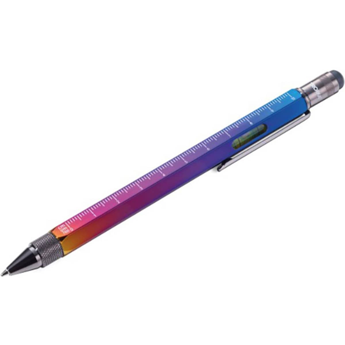A pen with a gradient blue to purple body, featuring a ruler and a level. It has a clip and a grey grip.