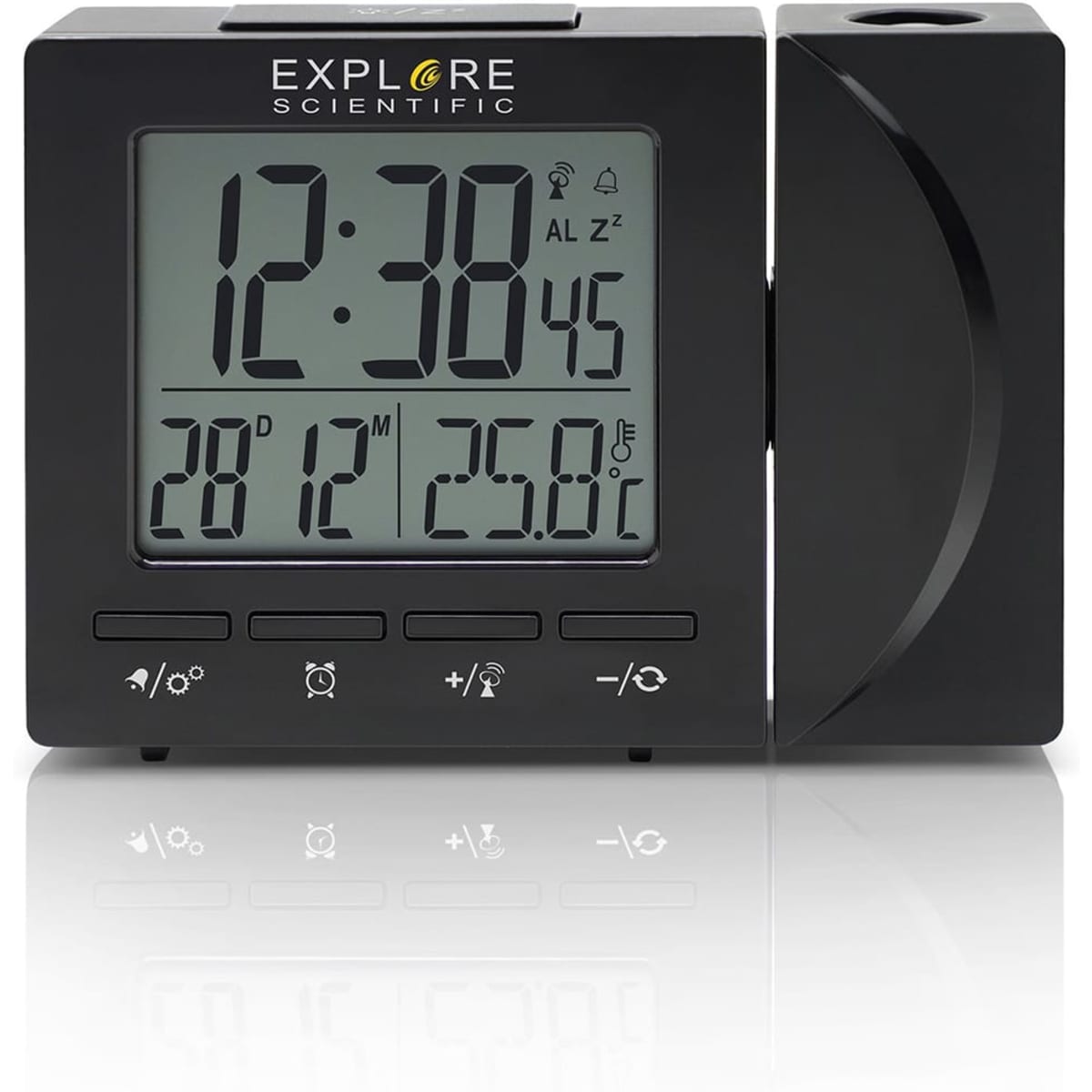 A black projection clock with a digital display showing time and temperature, featuring a sleek design and a logo.