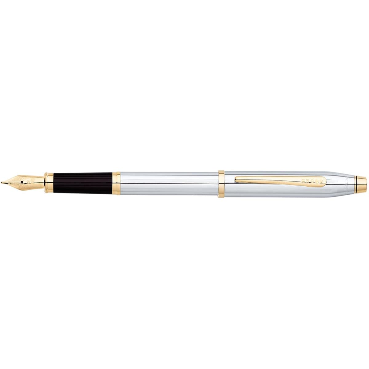 A fountain pen with a shiny silver barrel, gold accents, and a black grip section. It features a logo on the clip.