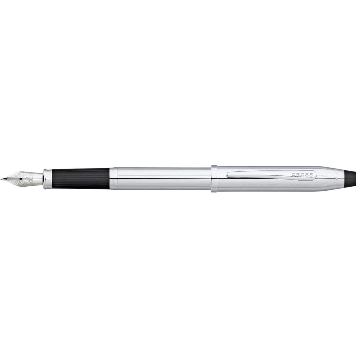 A fountain pen in lustrous chrome with a black grip, featuring a clip and a branding logo.