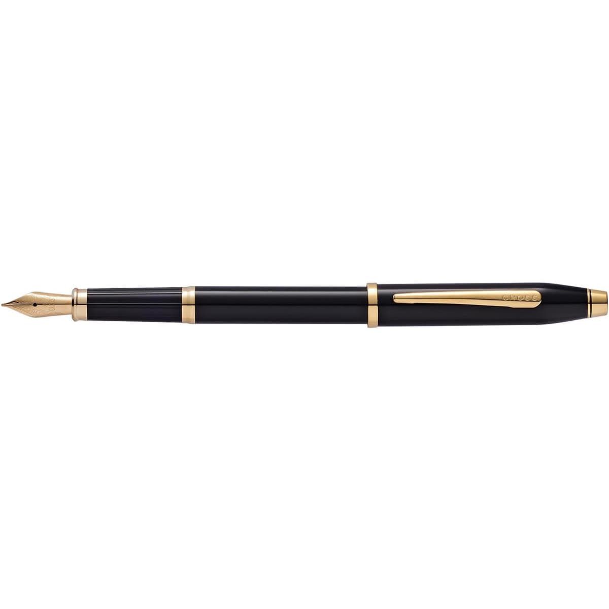 A black lacquer fountain pen with 23ct gold plated accents and a nib, featuring a sleek design and a brand logo.