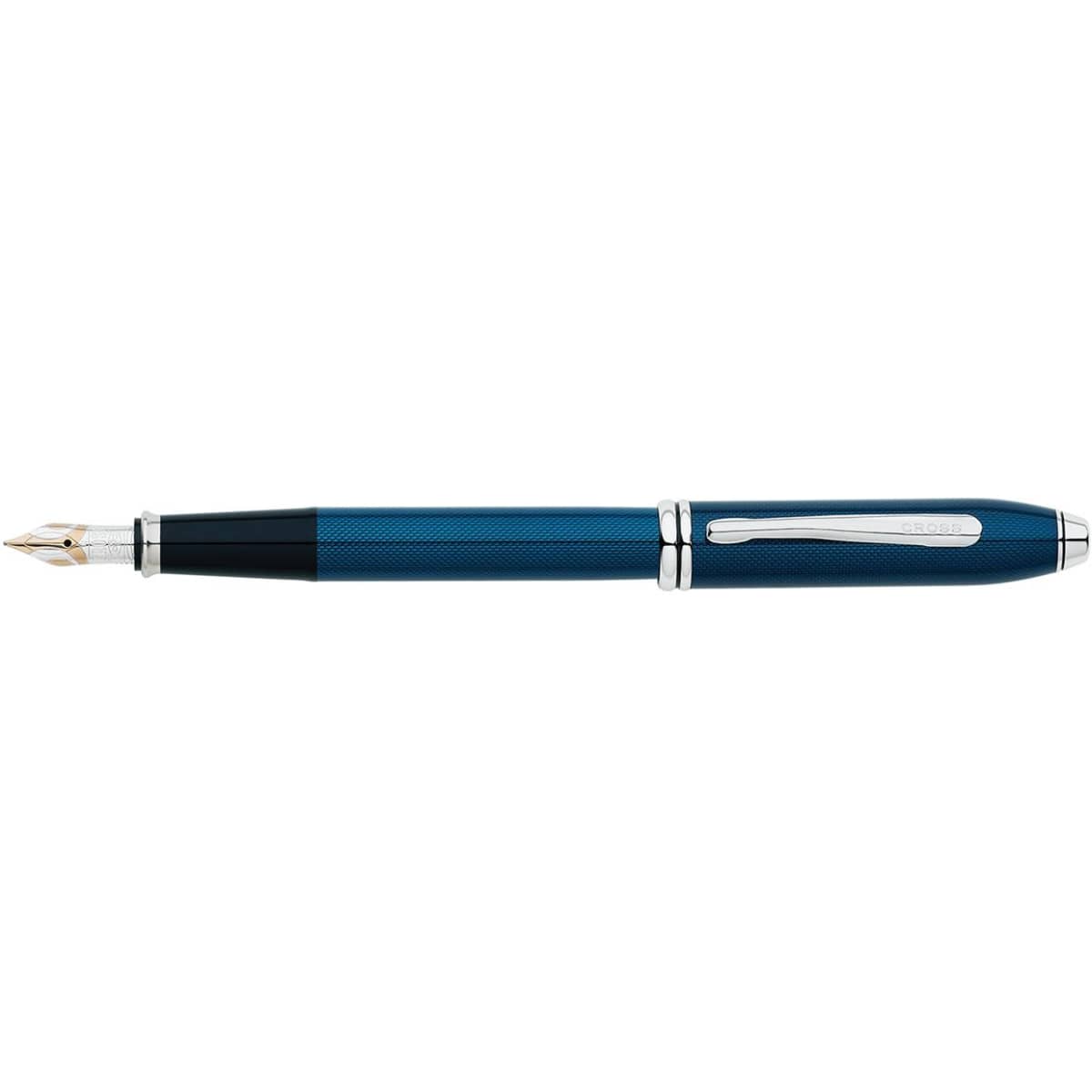 A fountain pen featuring a blue lacquer finish with a silver clip and accents. The nib is gold-toned and elegant.