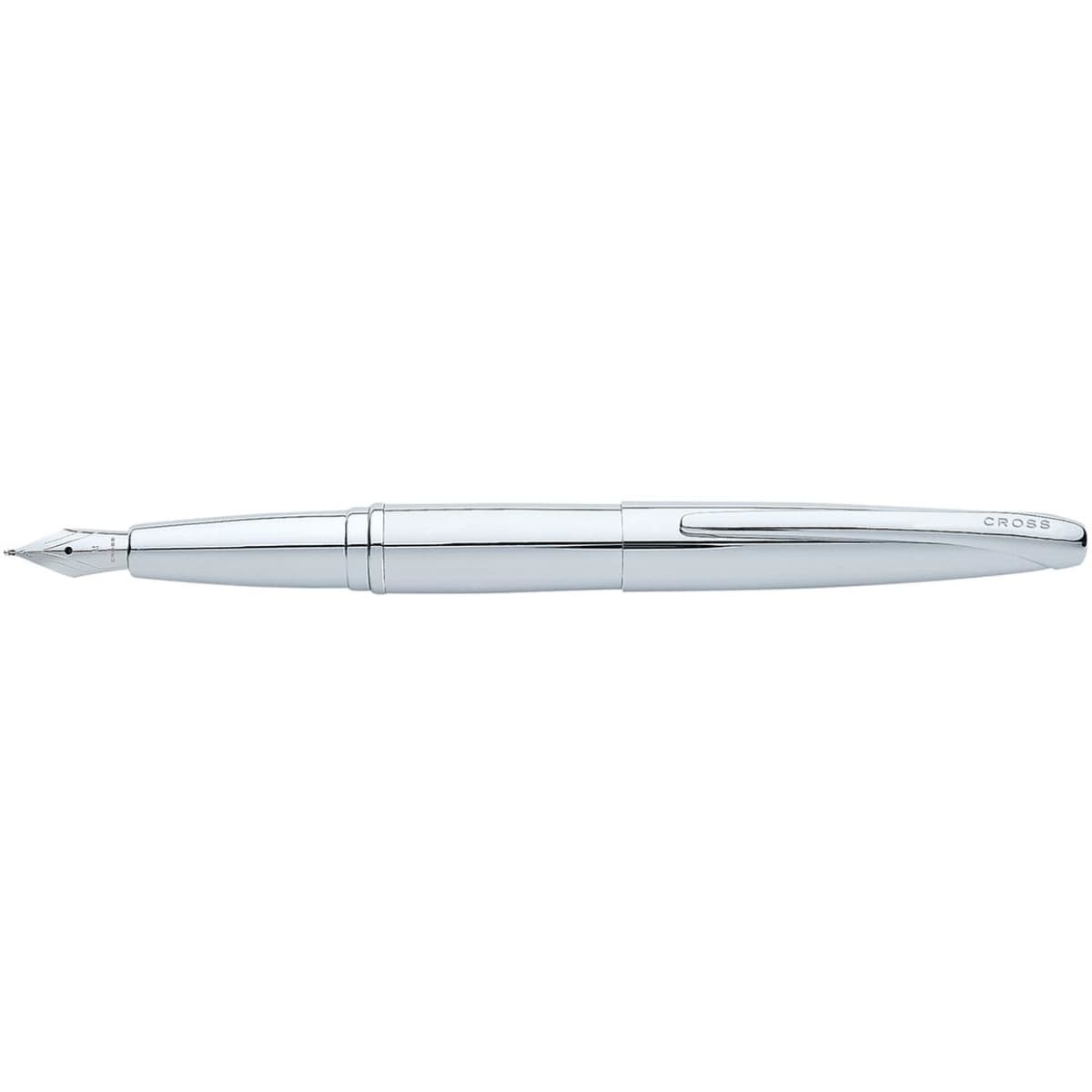 A fountain pen in pure chrome finish with a sleek design and a clip, featuring a brand logo.