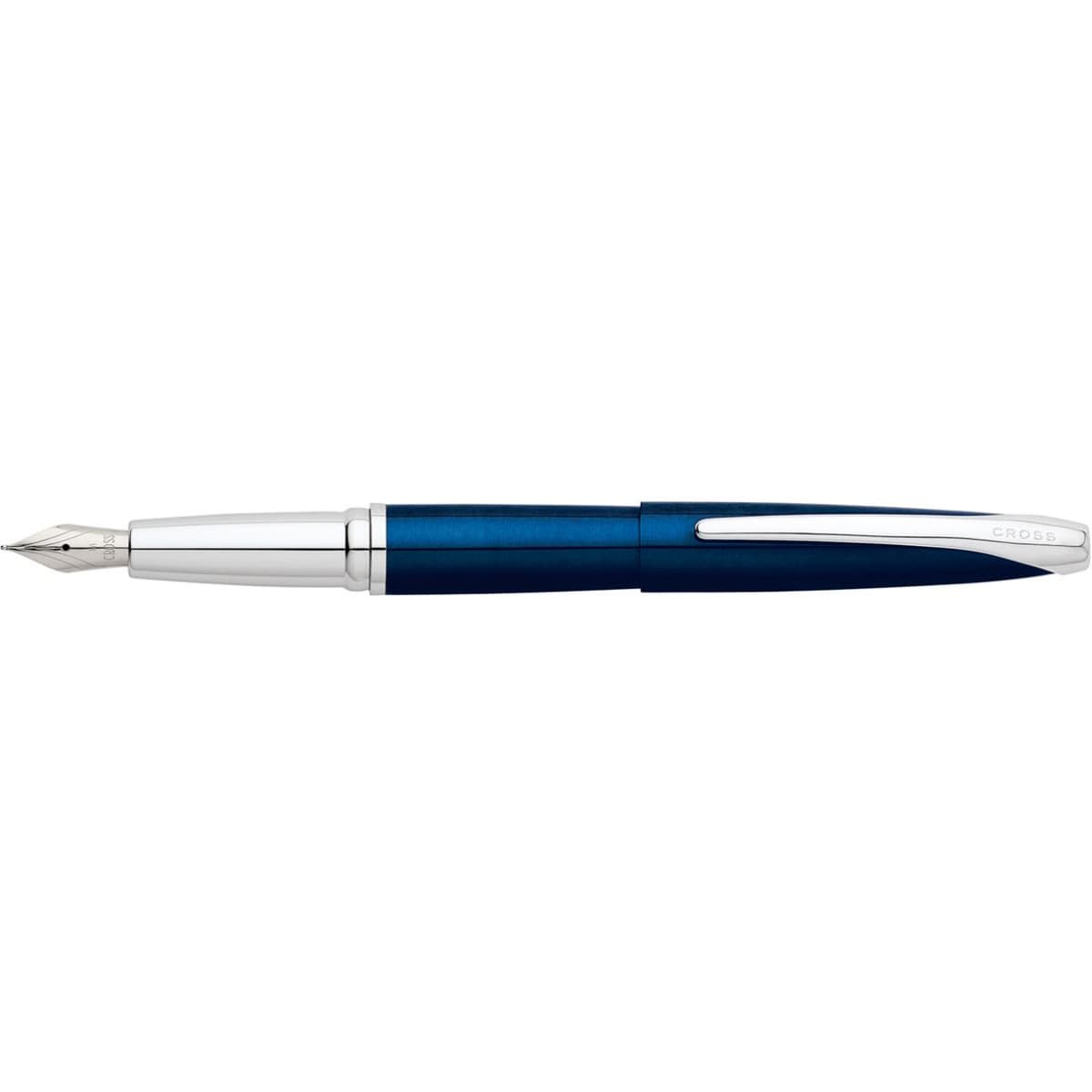 A fountain pen in translucent blue with silver accents, featuring a fine nib and a branding logo.