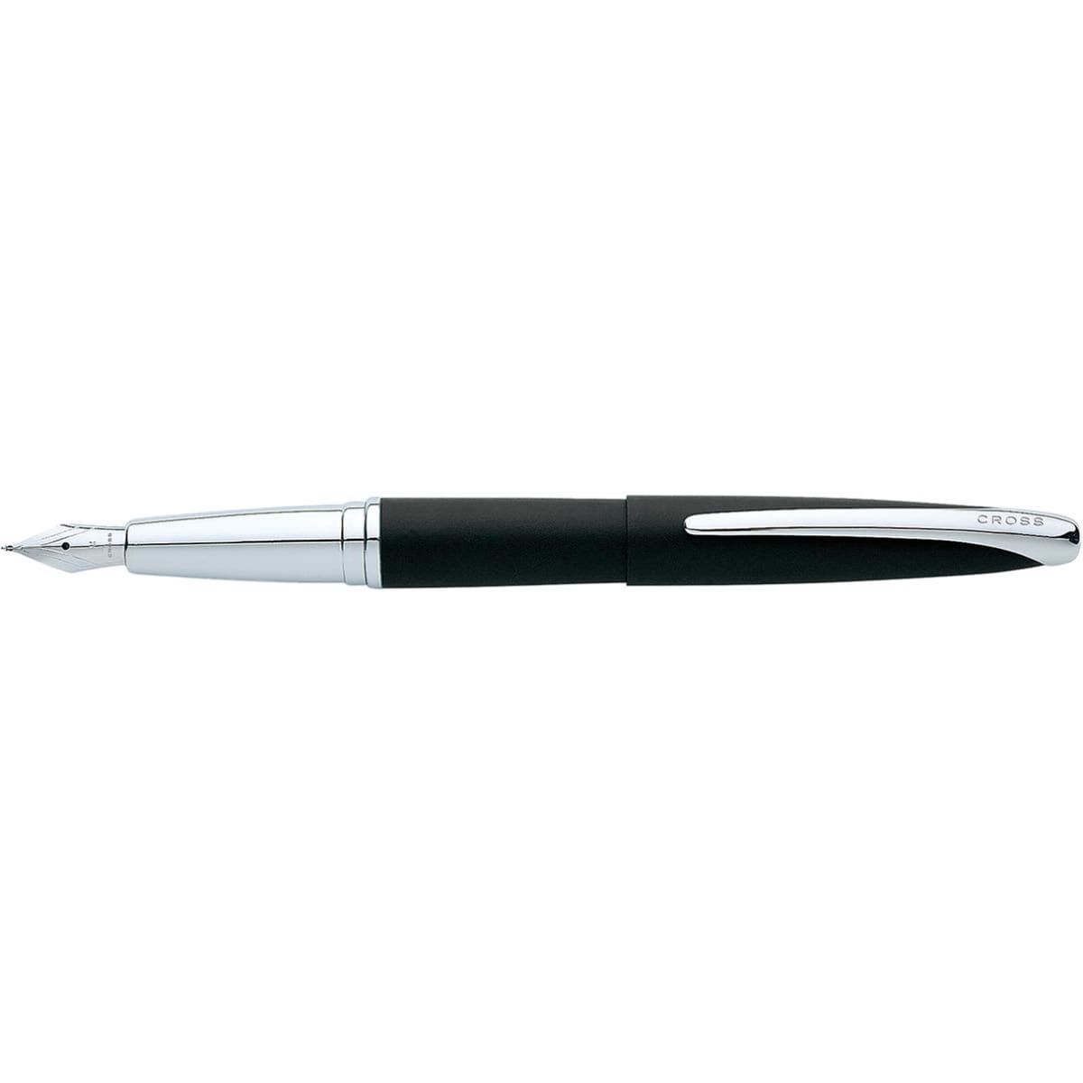 A fountain pen in basalt black with silver accents and a sleek design. It features a branding logo.