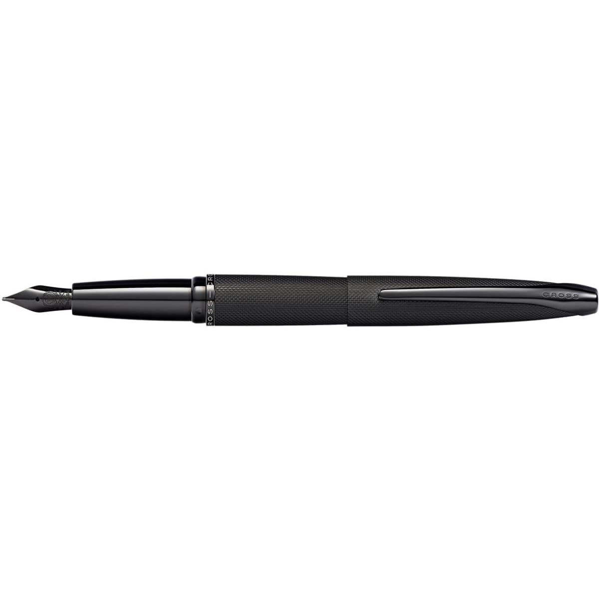 A fountain pen with a brushed black finish and etched diamond pattern, featuring a logo on the body.