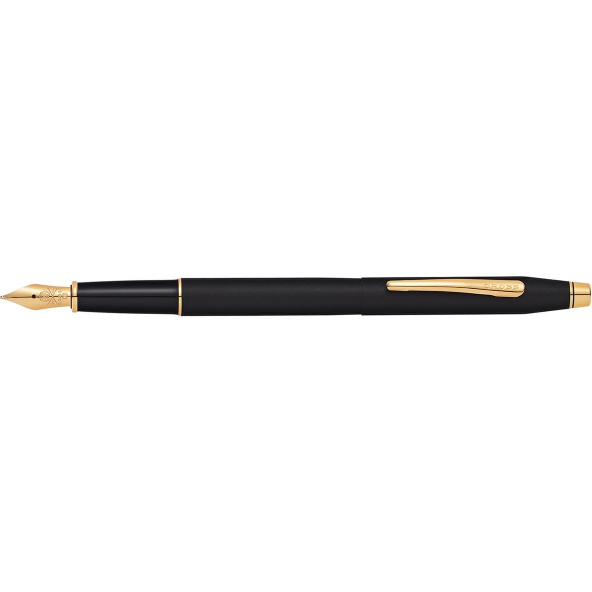 A fountain pen with a sleek black finish and gold accents, featuring a nib and a clip.