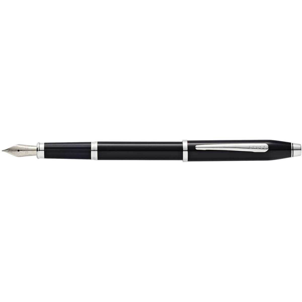 A black lacquer fountain pen featuring silver accents and a decorated nib, complete with a branding logo.