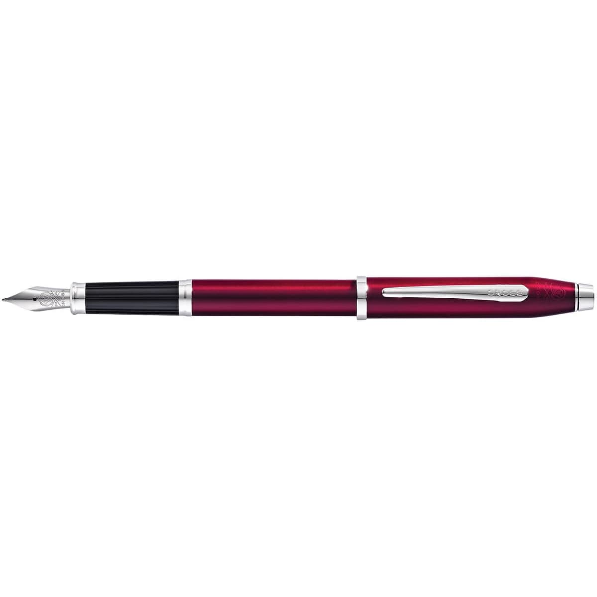 A fountain pen in translucent plum with rhodium plate appointments and a silver clip, featuring a classic design.