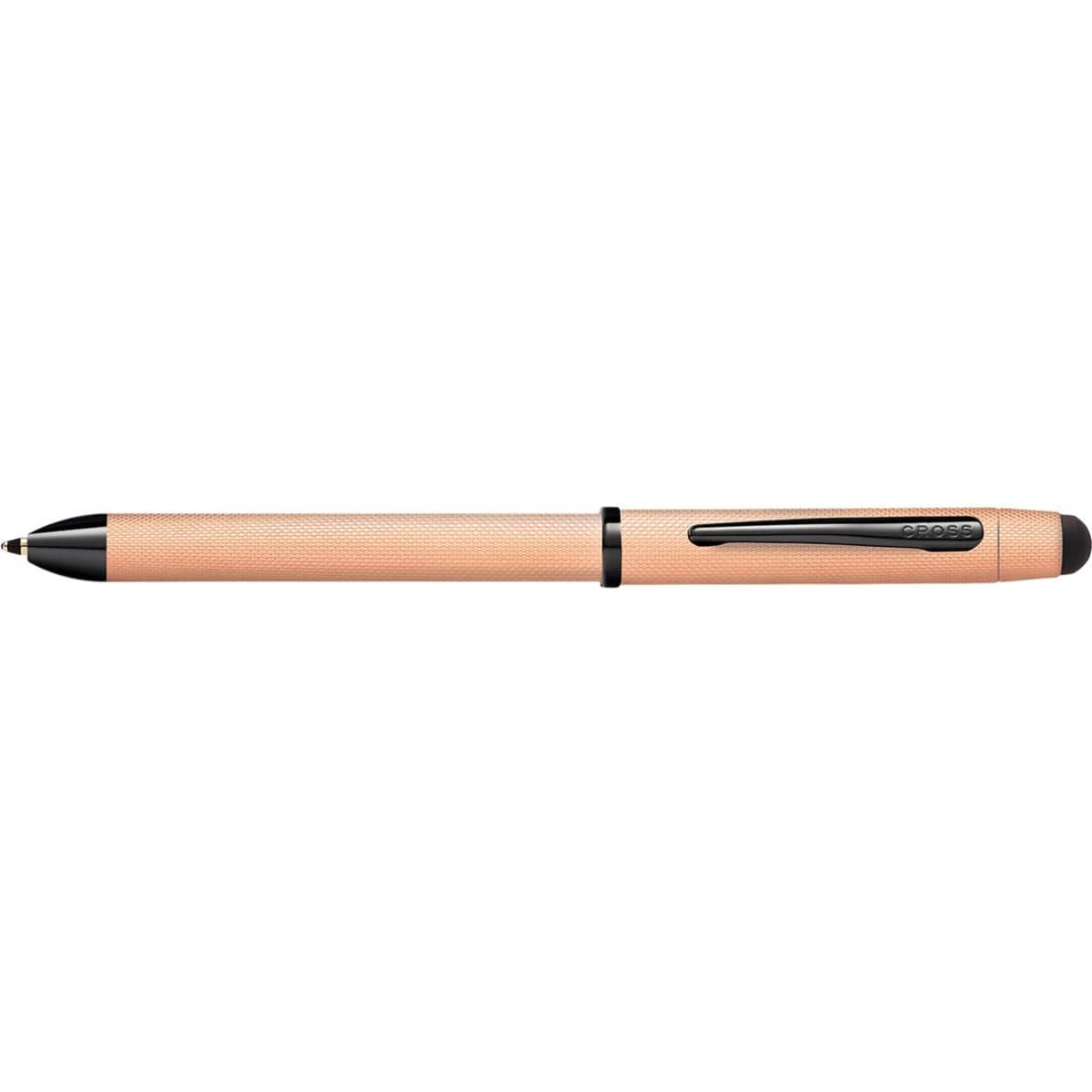 A brushed rose gold multi-function pen with a stylus, featuring a textured grip and a black clip.