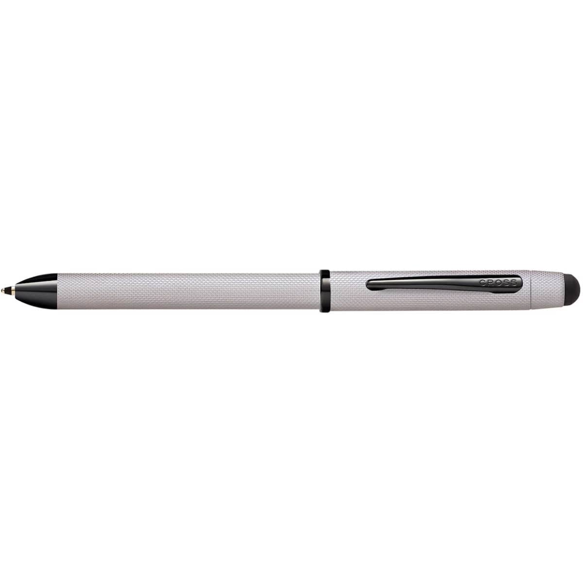 A brushed chrome multifunction pen with a black stylus tip and a black clip. The pen features a textured design and a logo.