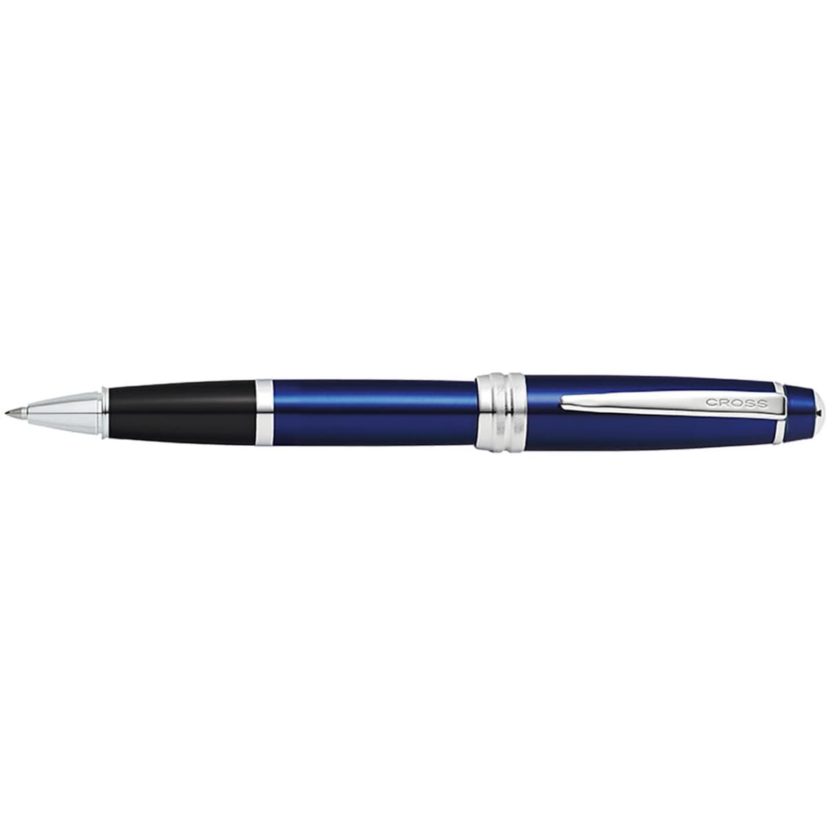 A blue lacquer ballpoint pen with silver accents and a branding logo.