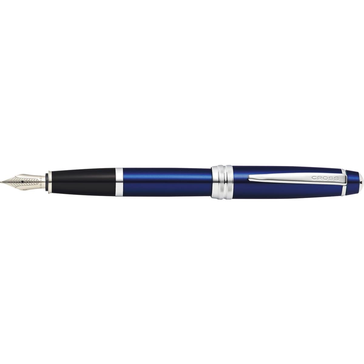 A fountain pen with a blue lacquer finish, silver accents, and a black grip. Features a branding logo.