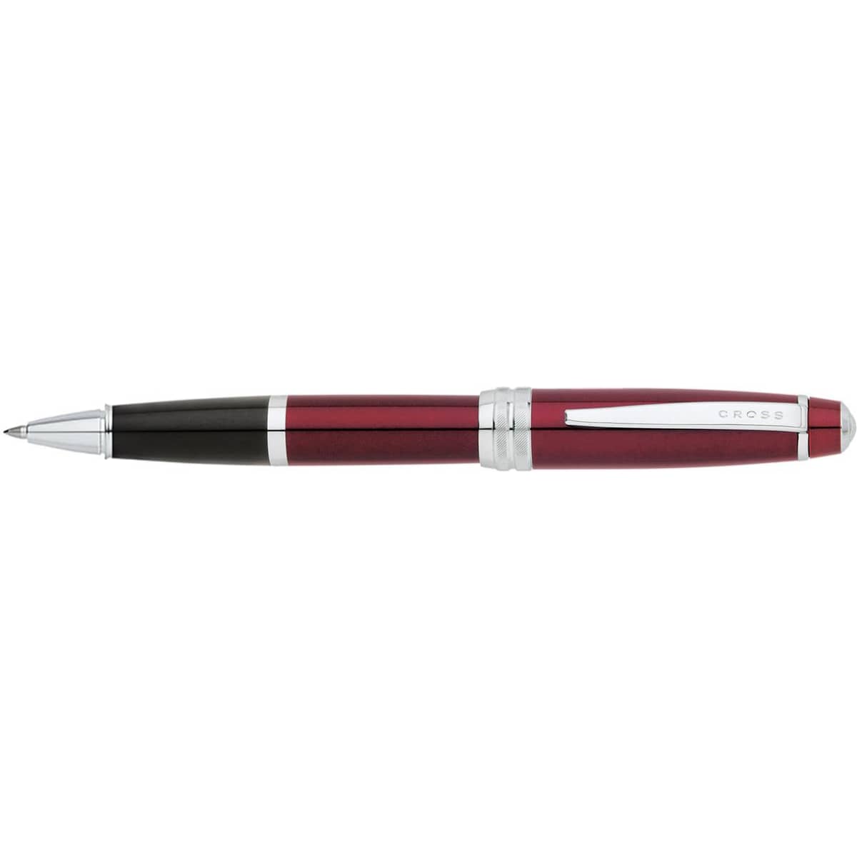 A red lacquer pen with a shiny silver clip and black accents, featuring a logo on the barrel.