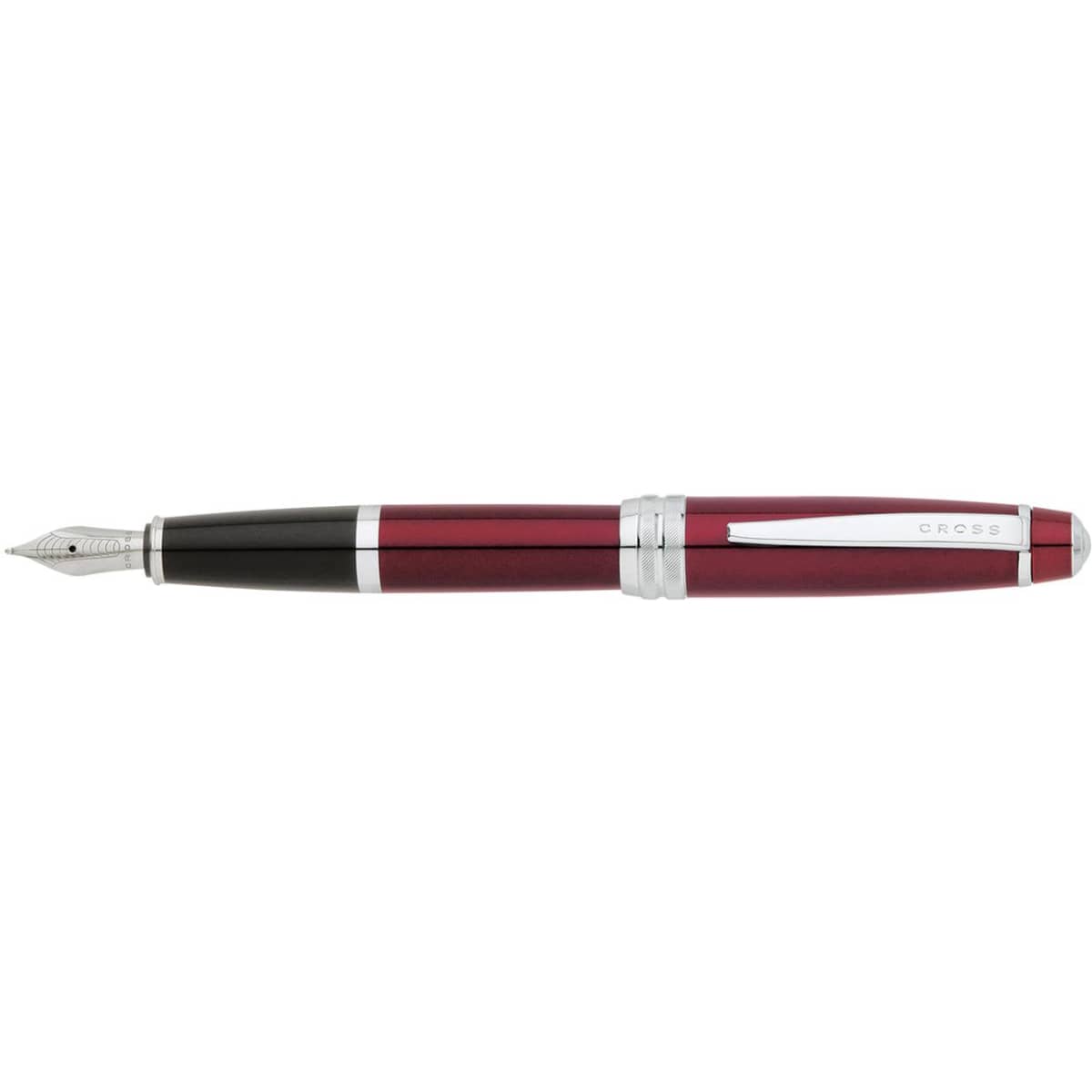 A fountain pen in red lacquer with black accents and silver trim. The pen features a nib and a brand logo.