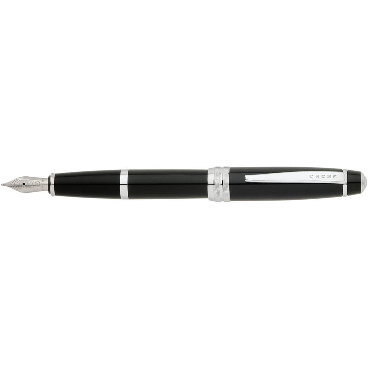 A black lacquer fountain pen with silver accents and a sleek design, featuring a branding logo.