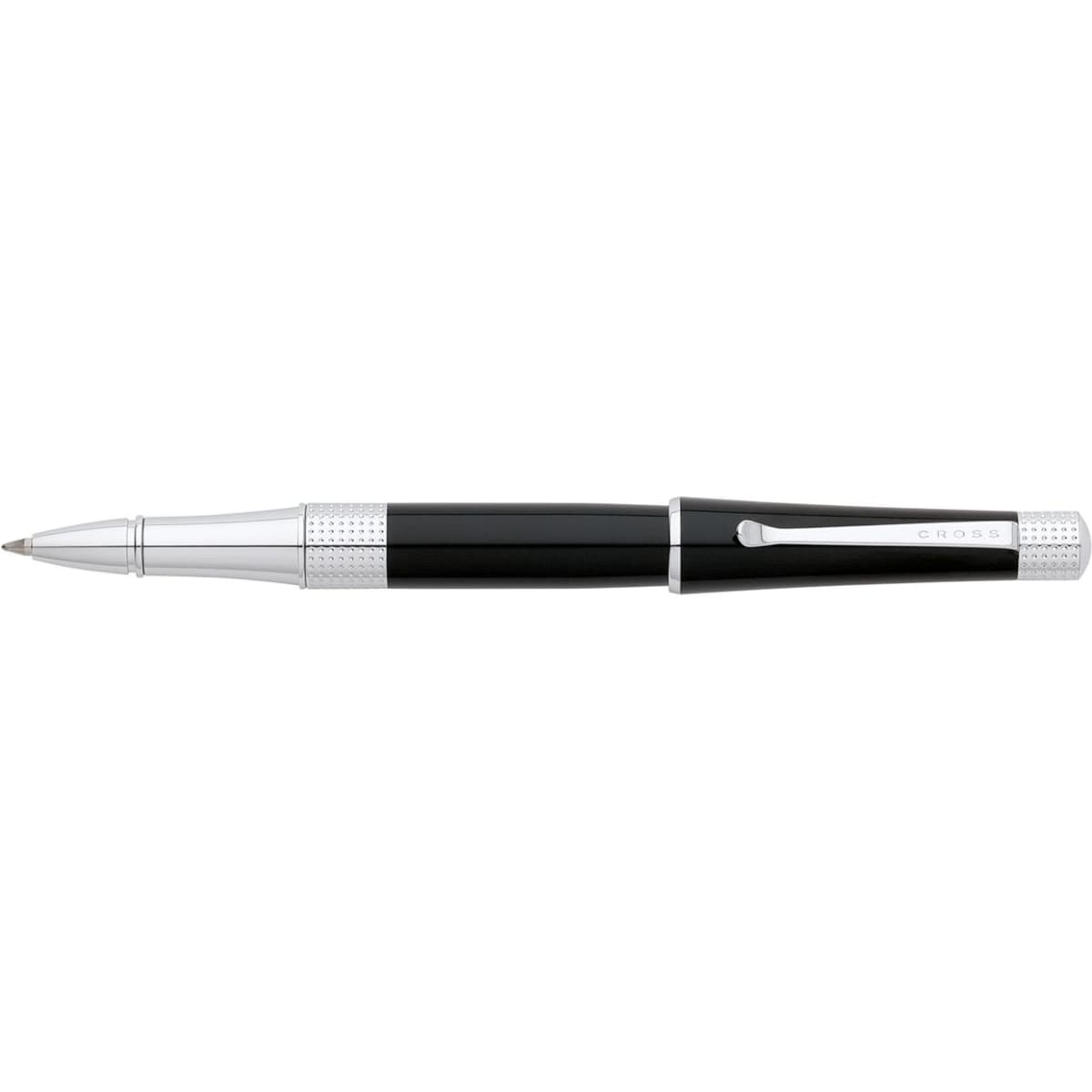 A pen in black and chrome with a sleek design and a branding logo on the side.