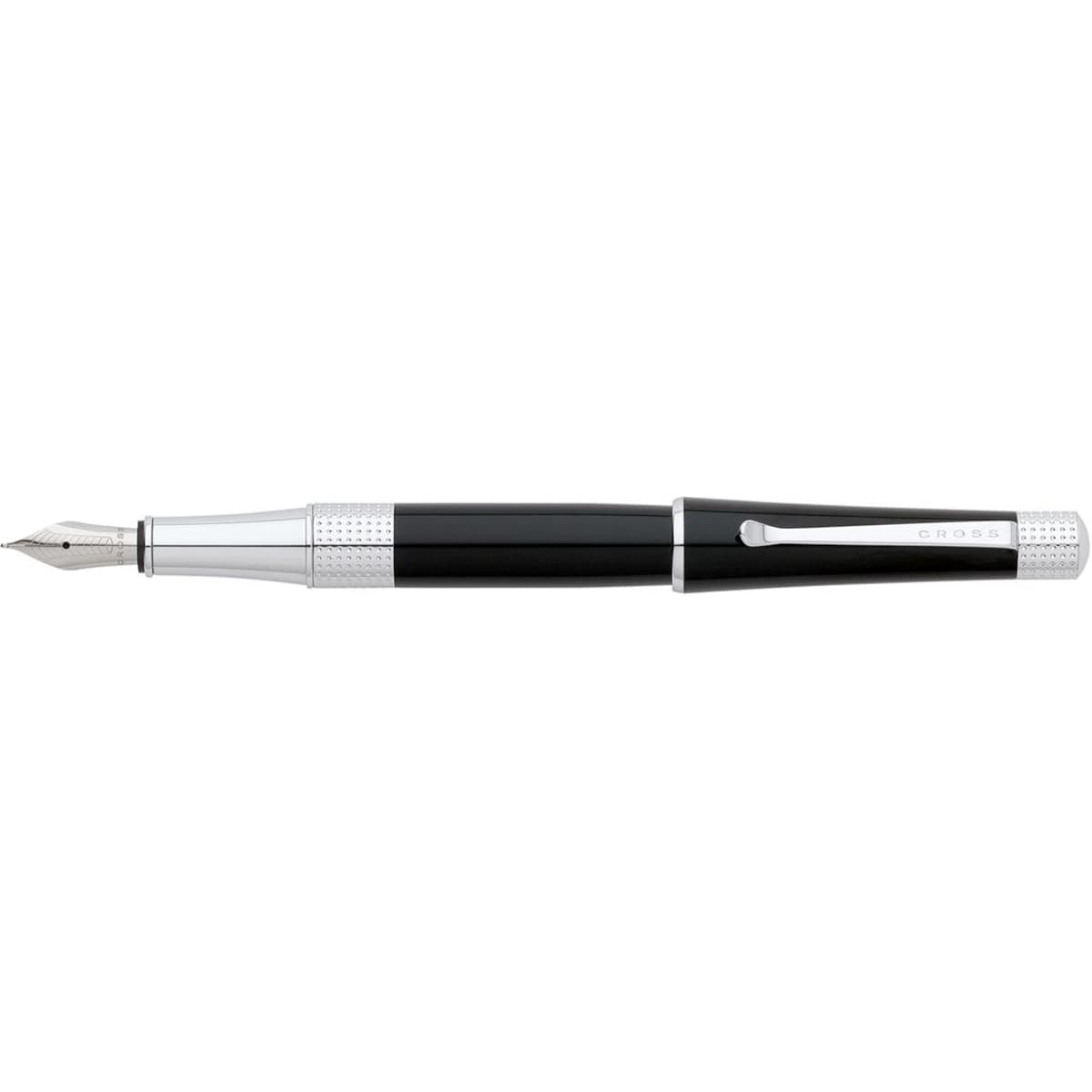 A fountain pen featuring a black barrel and chrome accents, with a silver nib and branding.