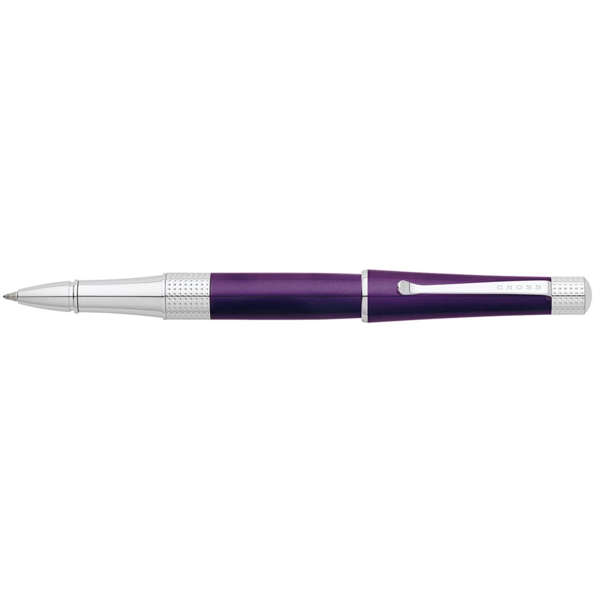 A pen with a deep purple lacquer finish and silver accents, featuring a branded logo.