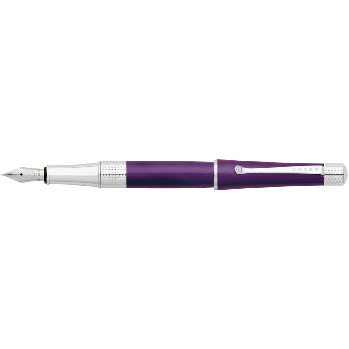 A fountain pen in deep purple lacquer with silver accents and a decorative grip. It features a branding logo.