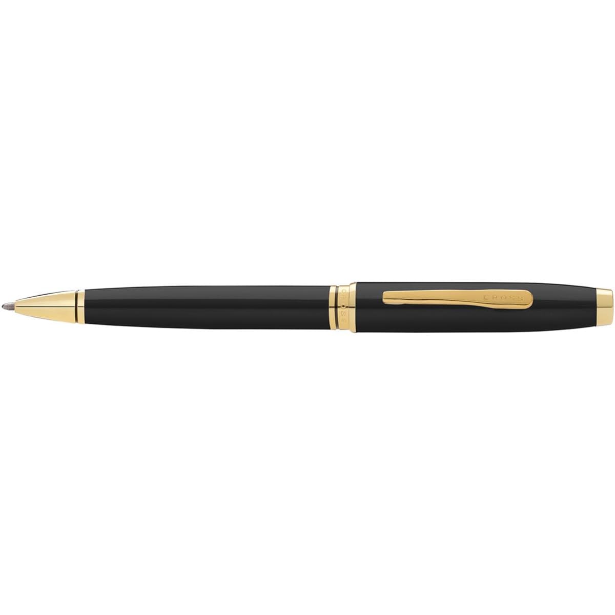 A pen with a sleek black lacquer finish and gold accents, featuring a branded logo.