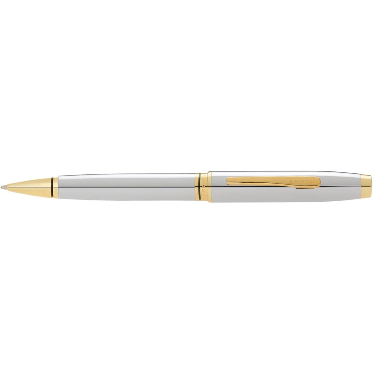 A pen featuring a lustrous chrome body with gold accents and a logo on the clip.