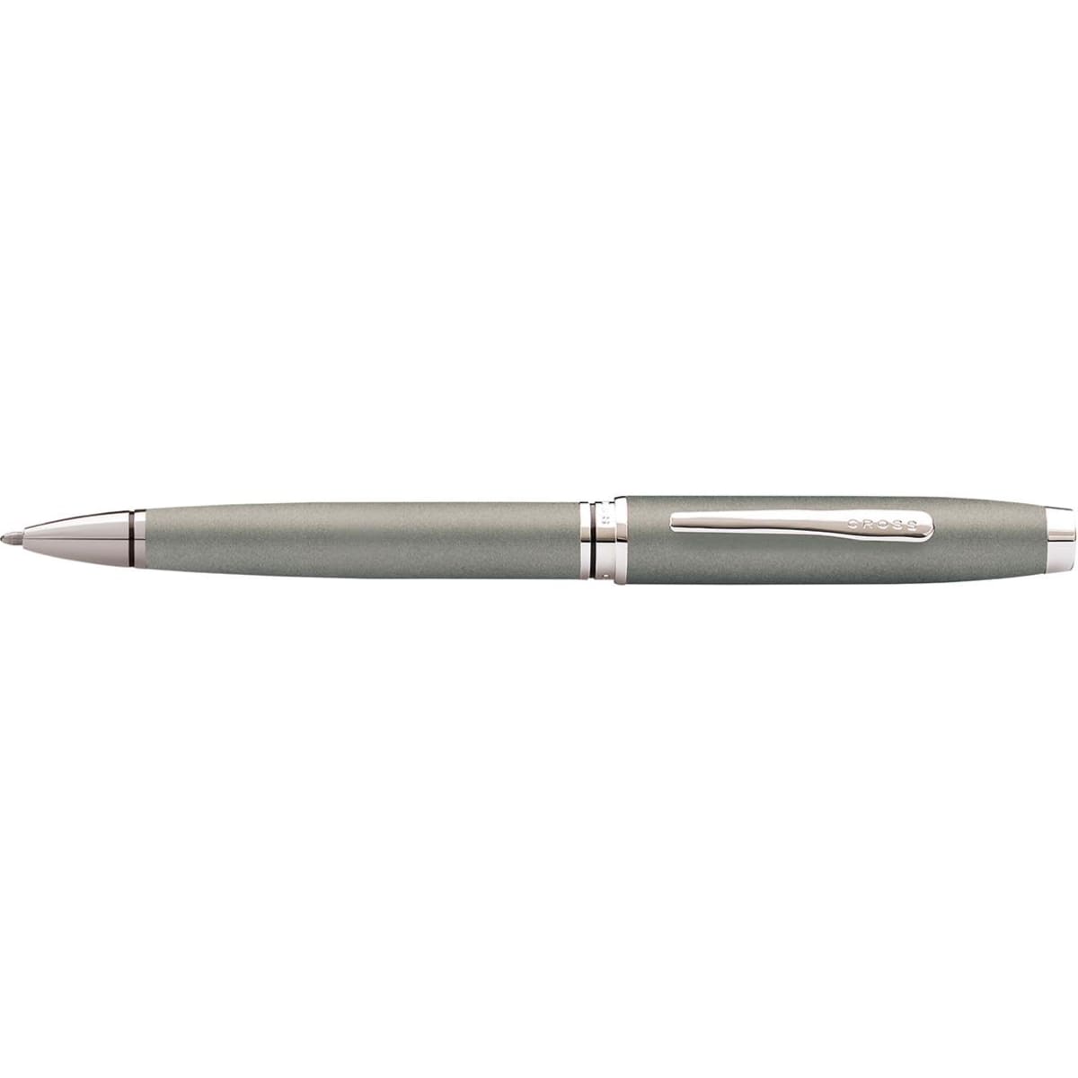 A pen in gun metal grey with chrome accents, featuring a sleek design and a branding logo.