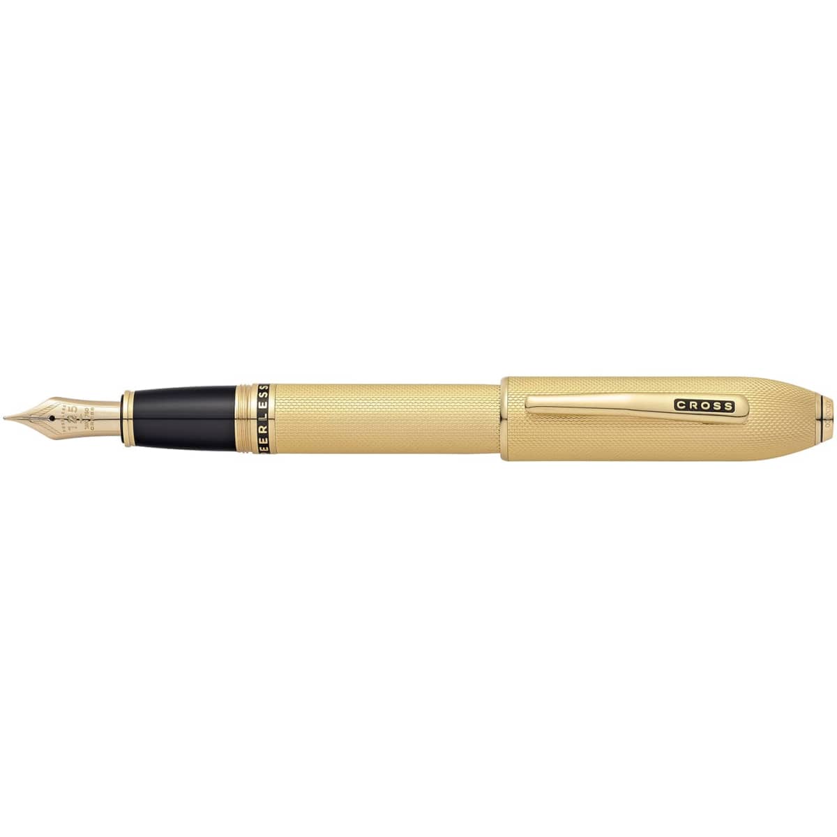 A fountain pen with a gold plate finish, featuring a black grip and a decorative pattern, and includes a branding logo.